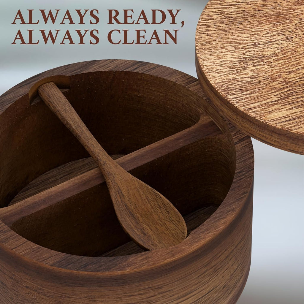 Salt Cellar with Lid & Spoon, Acacia Wood Salt Container, Salt Holder