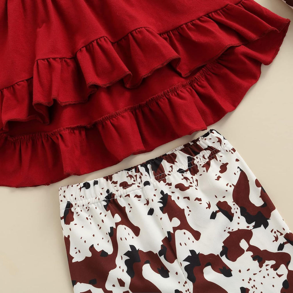 Toddler Baby Girl Clothes Long Sleeve Cow Print Outfit T-Shirt + Flare Pants Bell-Bottom Tie Dye Leggings Set