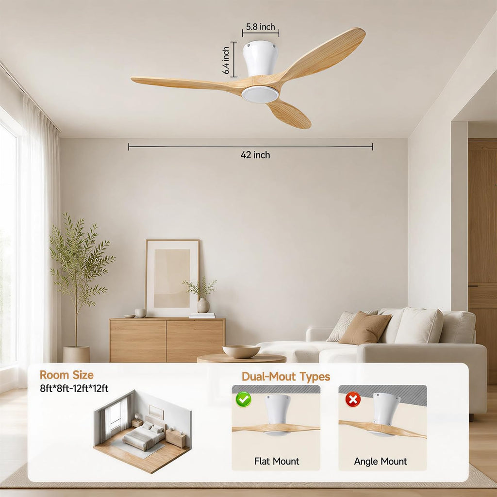 42" Flush Mount Wood Ceiling Fan with Lights, 3 Blade Low Profile Farmhouse Ceiling Fan with Remote Control
