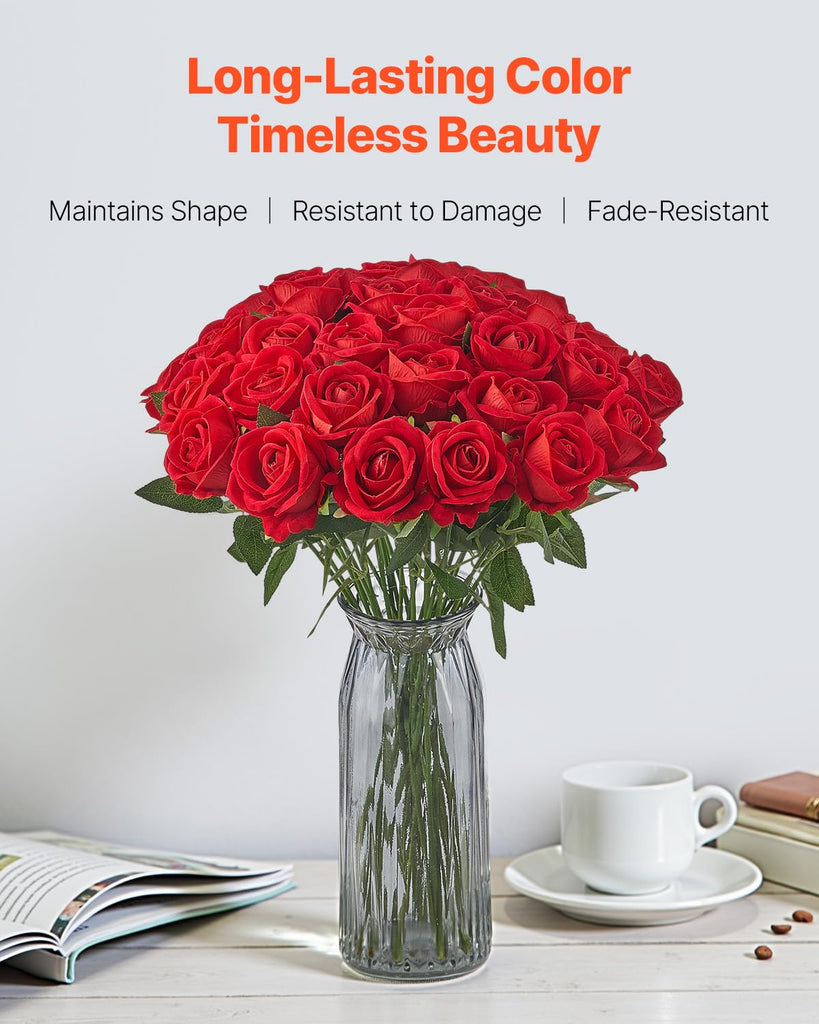 Artificial Flowers, 500 pcs Real Looking Red Foam Fake Roses Bulk, Faux Red Bridal Shower with Stems for DIY Wedding