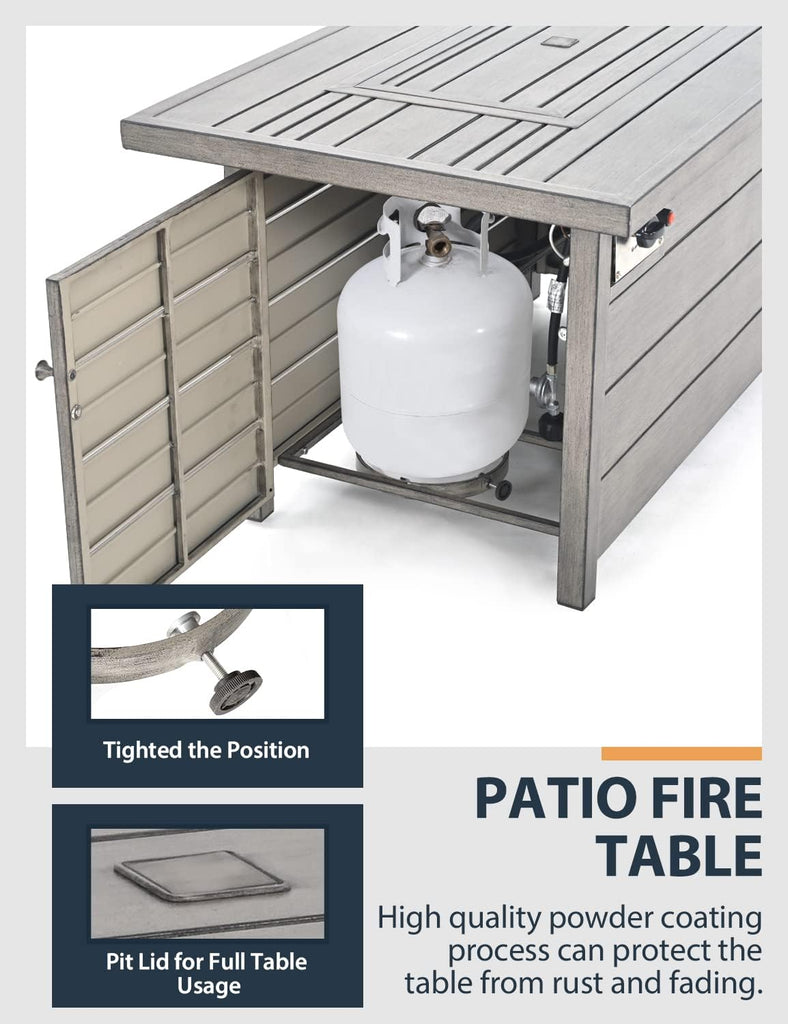 Propane Fire Pit Table, HAPPATIO 48inch 50000 BTU Gas Fire Pit with Aluminum Slats Table Top, Lid, Black Glass Rock