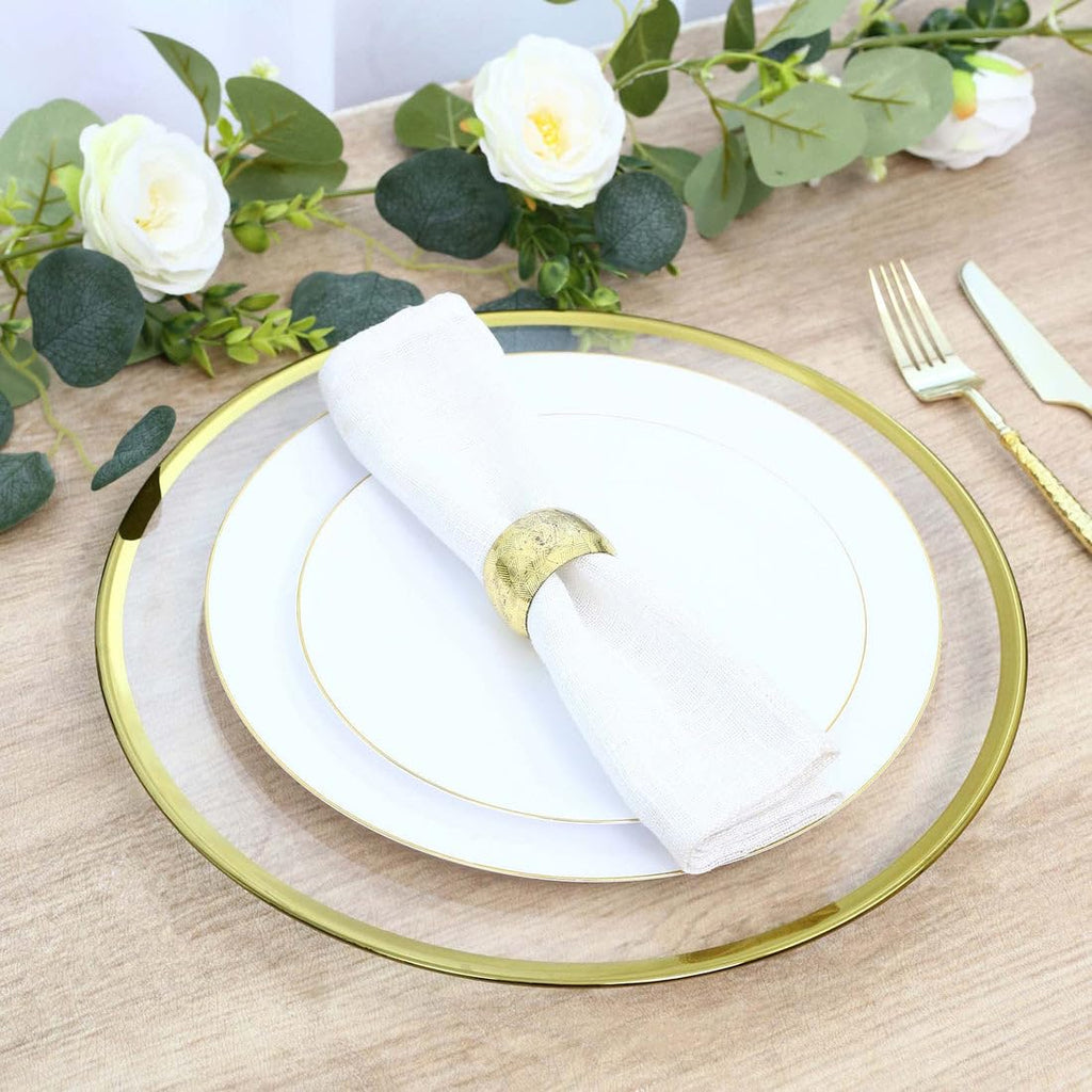 8 Pack Glass Charger Plates 13" Round Clear with Metallic Gold Rim, Decorative Dinner Party Serving Plates