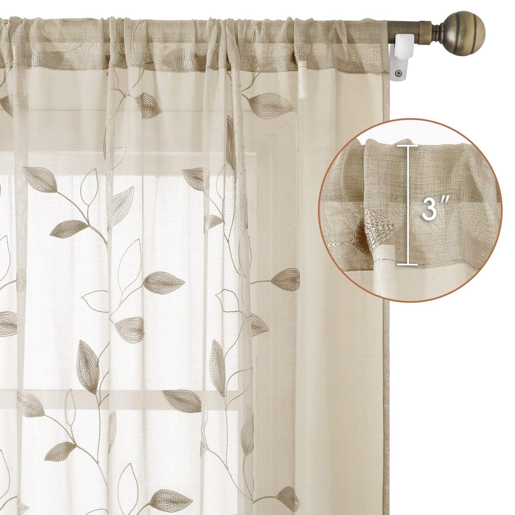Taupe Sheer Curtains Leaf Embroidered, 52x84 Inch, 2 Panels