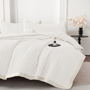Beige Quilt Set, Striped Quilt Set Lightweight Microfiber Bedspread Coverlet, Farmhouse Bedding with Pillow
