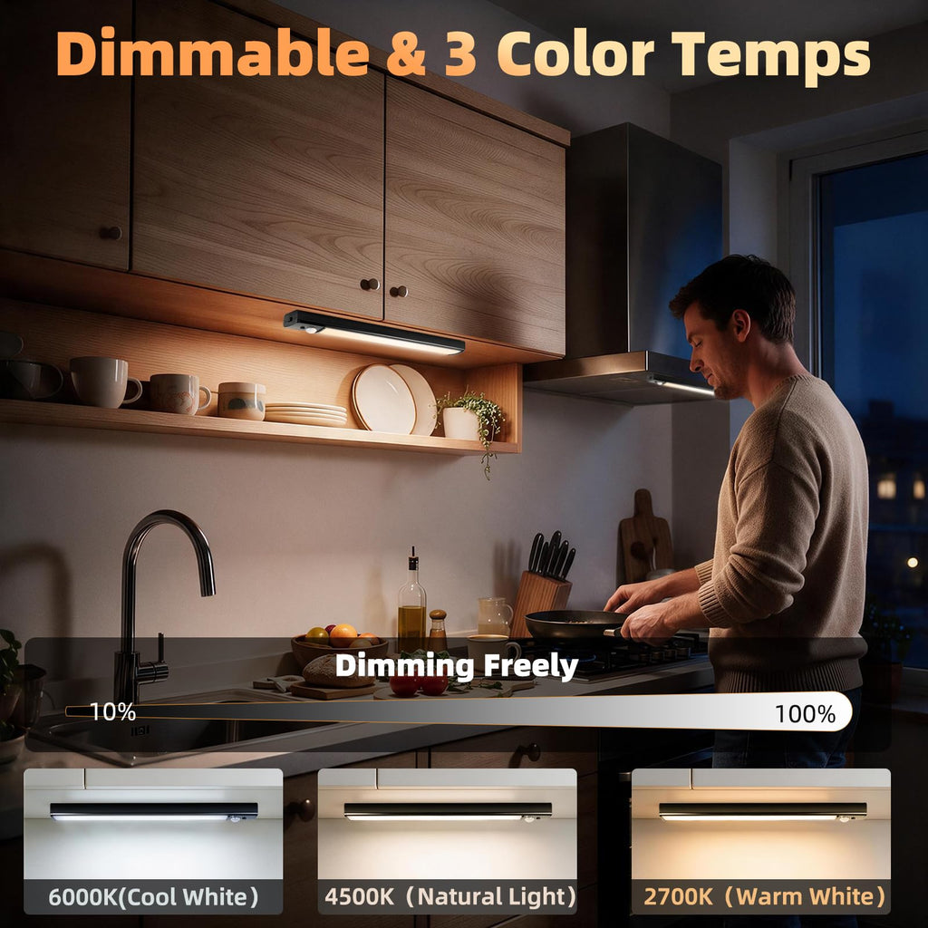 Rechargeable Motion Sensor Light 6 Pack, 3 Color Temps Under Cabinet Lights