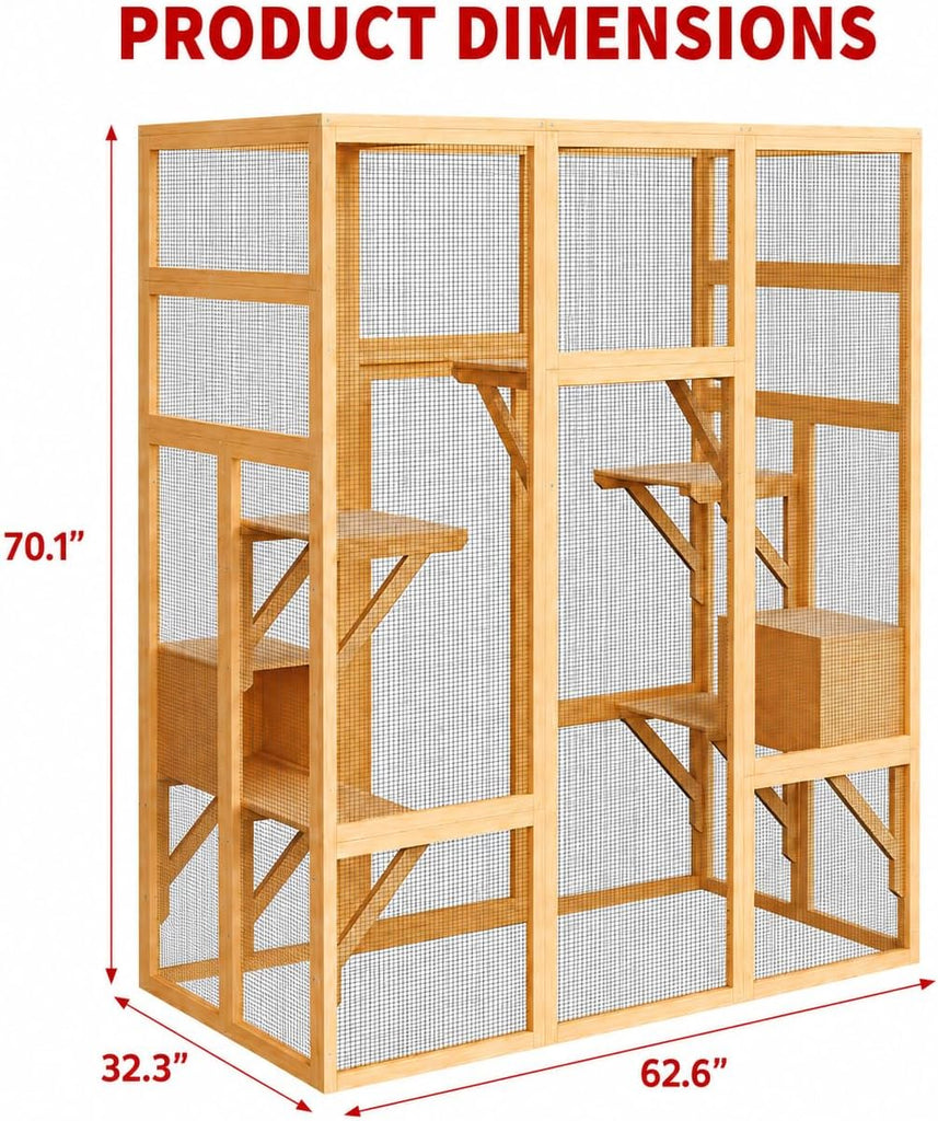 70" Large Catio Indoor Cat Enclosure, Wooden Patio Cat House, Natural