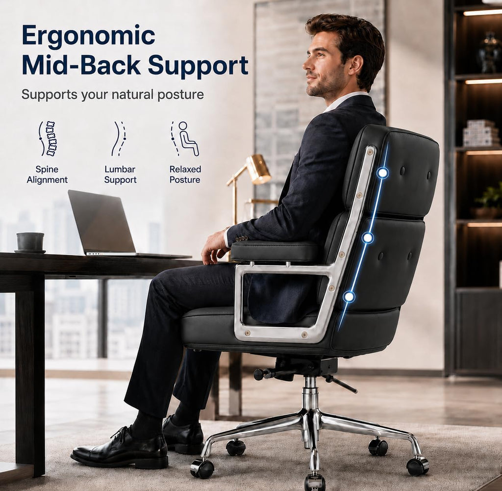 Home with Top Grain Leather, Padded Armrests, Mid-Back Upholstered Executive Leather Desk Chair, Aluminum Frame