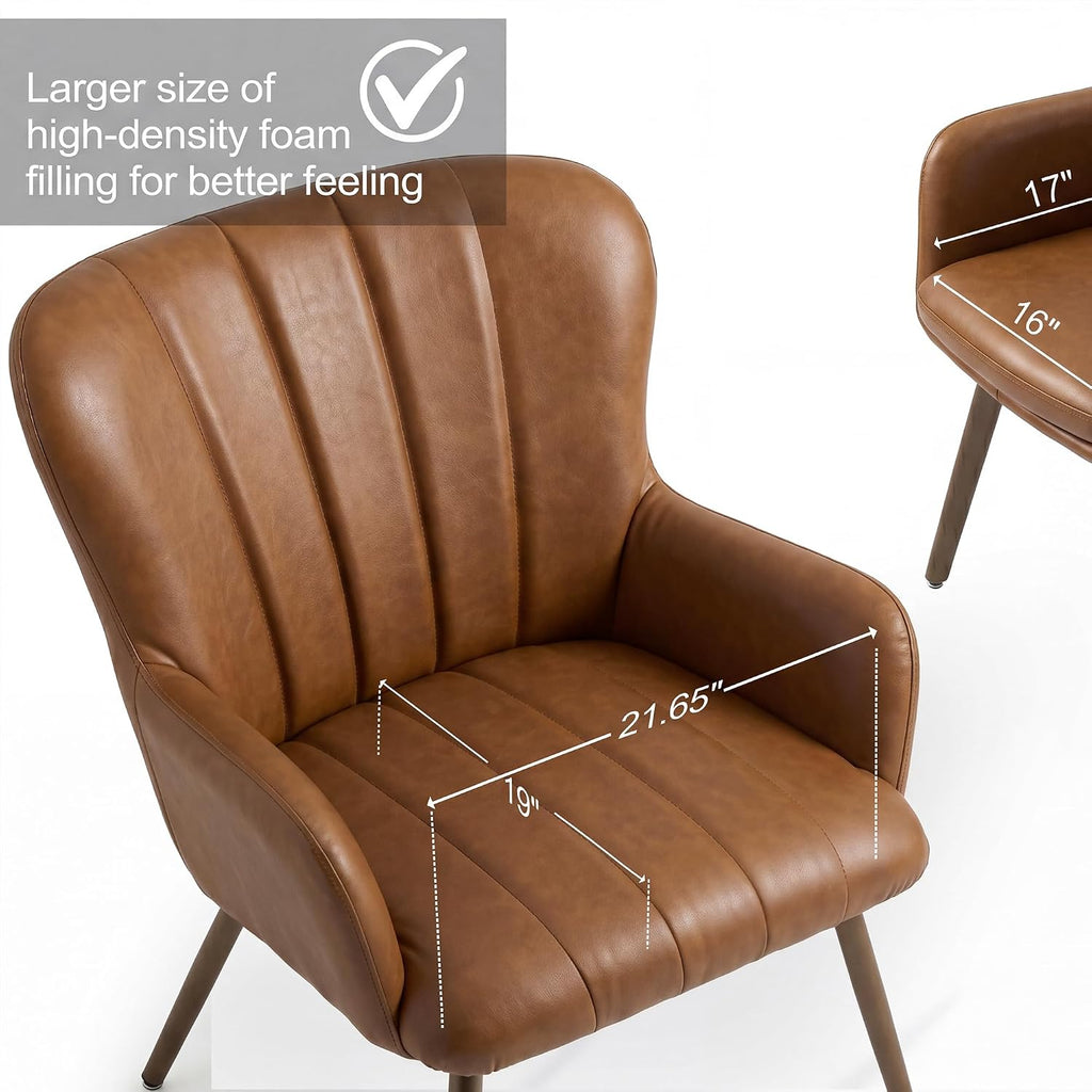Leather Accent Chair of 2 | Modern Brown High Back Wingback Vintage Extra-wide Seat Armchair Leisure Area Home Office