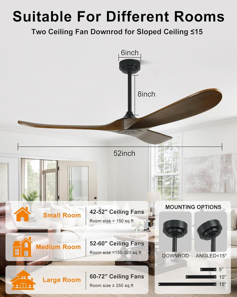 52 Inch Outdoor Ceiling Fans without Lights, Smart Wood Ceiling Fan no Light with Remote Control & Alexa/Google