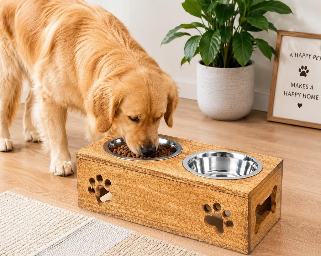 Wooden Dog Cat Pet Feeder Station Stand with 2 Stainless Steel Bowls | Raised Cat Bowl Dogs Bowl Elevated Cat Dog