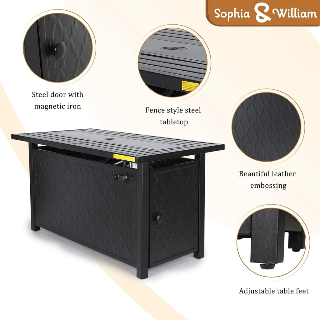 Propane Gas Fire Pit Table 45 Inch 50,000BTU Rectangular Outdoor Firepits for Outside Patio with Lid and Blue Fire