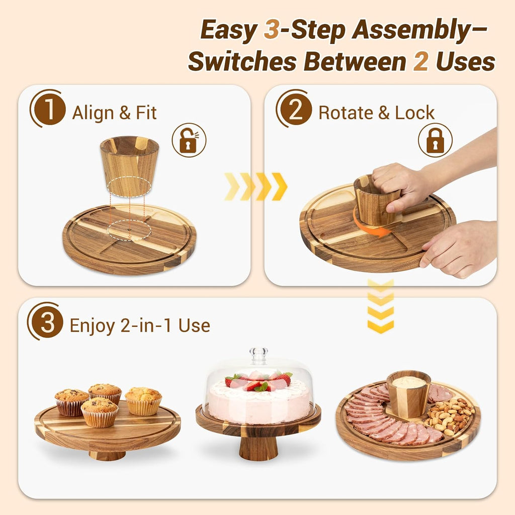 Acacia Wood Cake Stand with Lid | 12 Inch Wooden Cake Stand with Acrylic Dome & 2-in-1 Design | Multi-Purpose Dessert