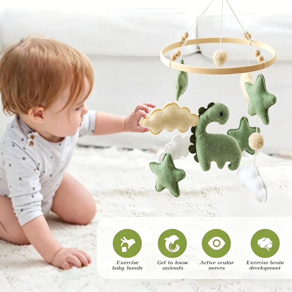 Soft Green Dinosaur Theme Baby Mobile for Crib, Simple Crib Bell for Boys and Girls, Felt Clouds Nursery Ceiling