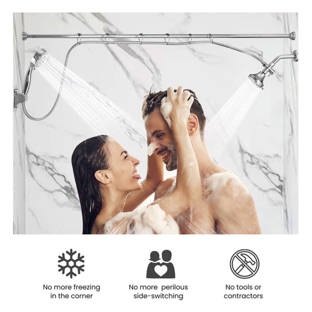 Double Shower Head for Couple, High Pressure Dual Showerhead, Adjustable Height Shower Rod, 5-Setting Handheld Shower