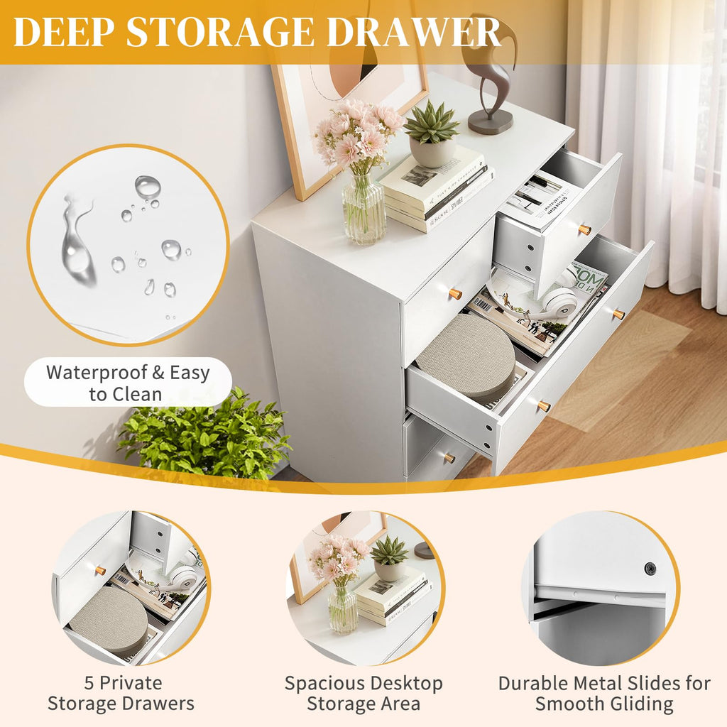 White 5 Drawer, Rose Gold Handle Modern Bedroom Chest