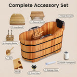 Natural Cypress Wood Hot Tub with Steam Lid & Non-Slip Handrails - 47" Freestanding Spa Bathtub for Adults and Kids