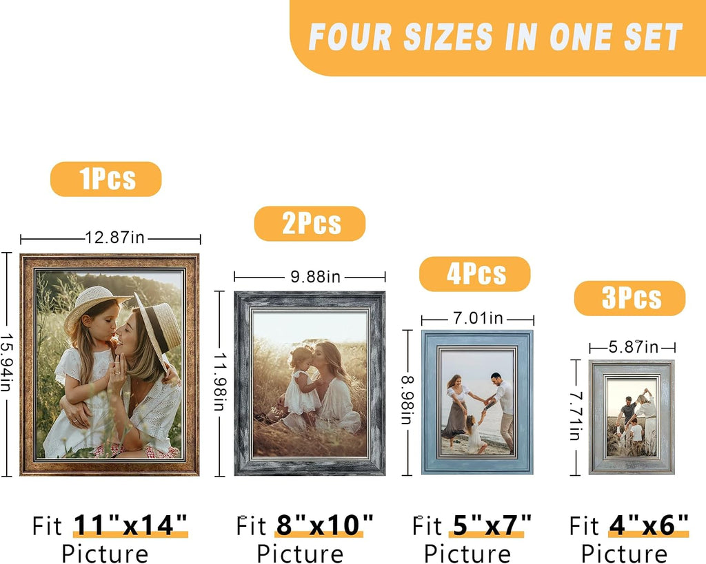 Picture Frames Collage Wall Decor 10-Pack, Gallery Wall Frame Set with 11x14 8x10 5x7 4x6 Frames in 4 Different