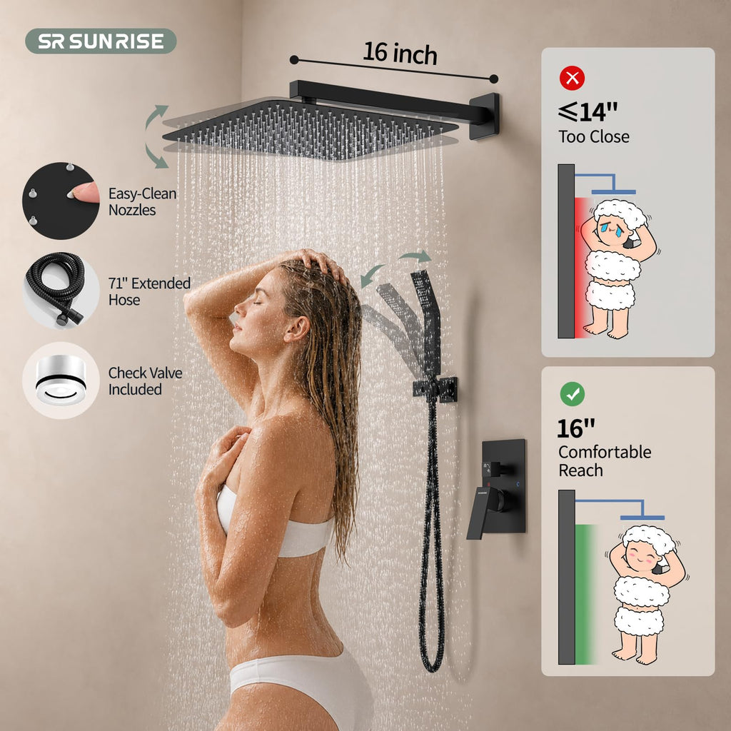 Shower Faucet Set 16-Inch Rainfall Shower Head Matte Black