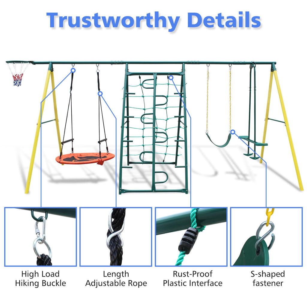 Metal Swing Sets for Backyard for Kids 3-12, 6 in 1 Swing Sets, Heavy-Duty Playground Backyard Set with 2 Swings