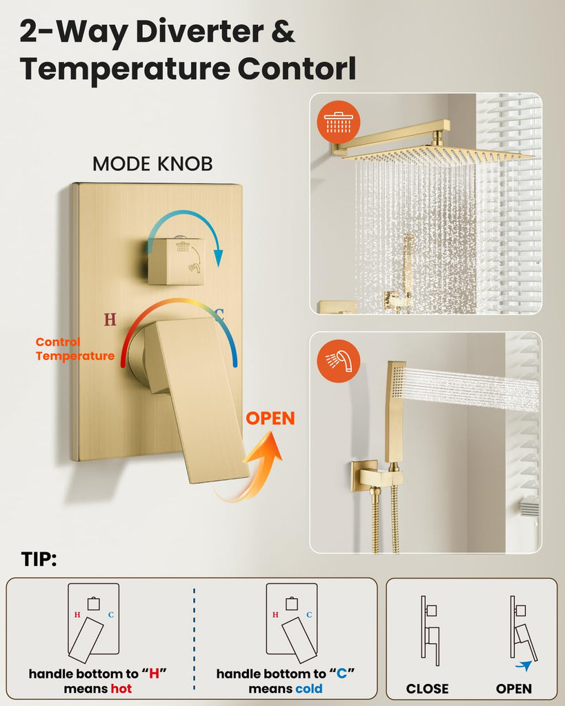 Shower Faucet Set with Handheld Spray Brushed Gold, 16'' Head