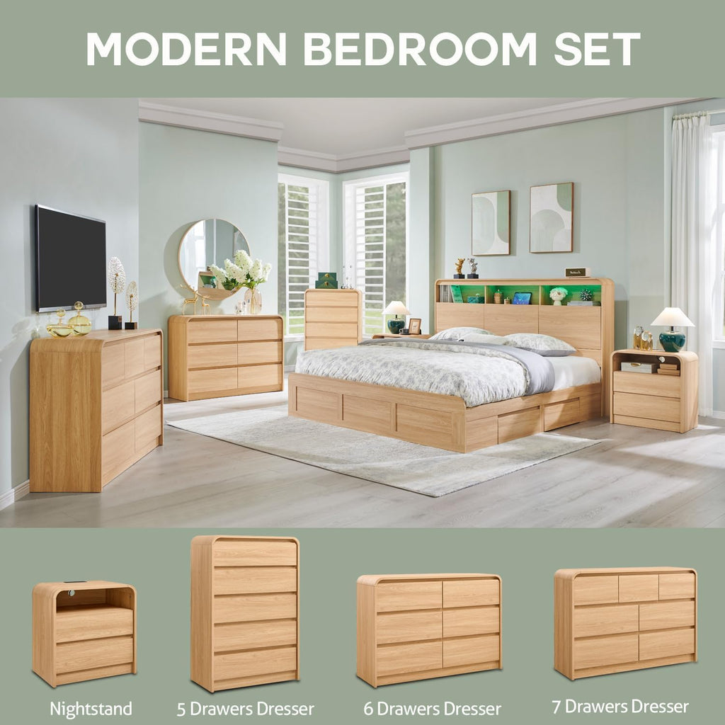 25" Tall Modern Nightstand with Charging Station, 23.6'' Wide Wood Bedside Table w/2 Storage Drawers, Large Mid