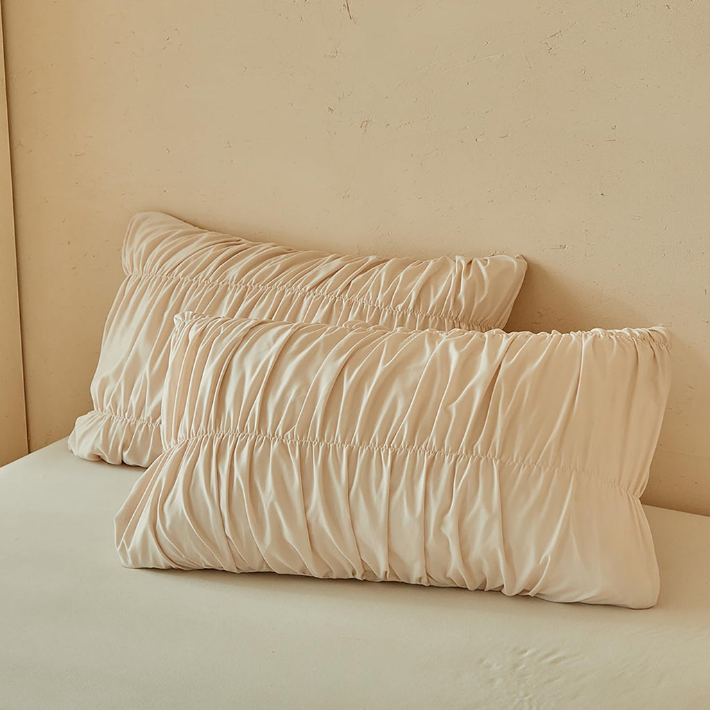 3 Piece Boho Duvet Cover Full Soft Breathable Khaki Ruched Bedding