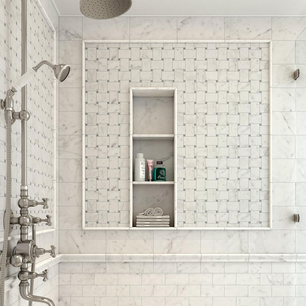 Carrara White 12 Pack of 3/5''x12'' Marble Pencil Liner Tile, Edge Trim Molding for Shower, Polished Bullnose Tile