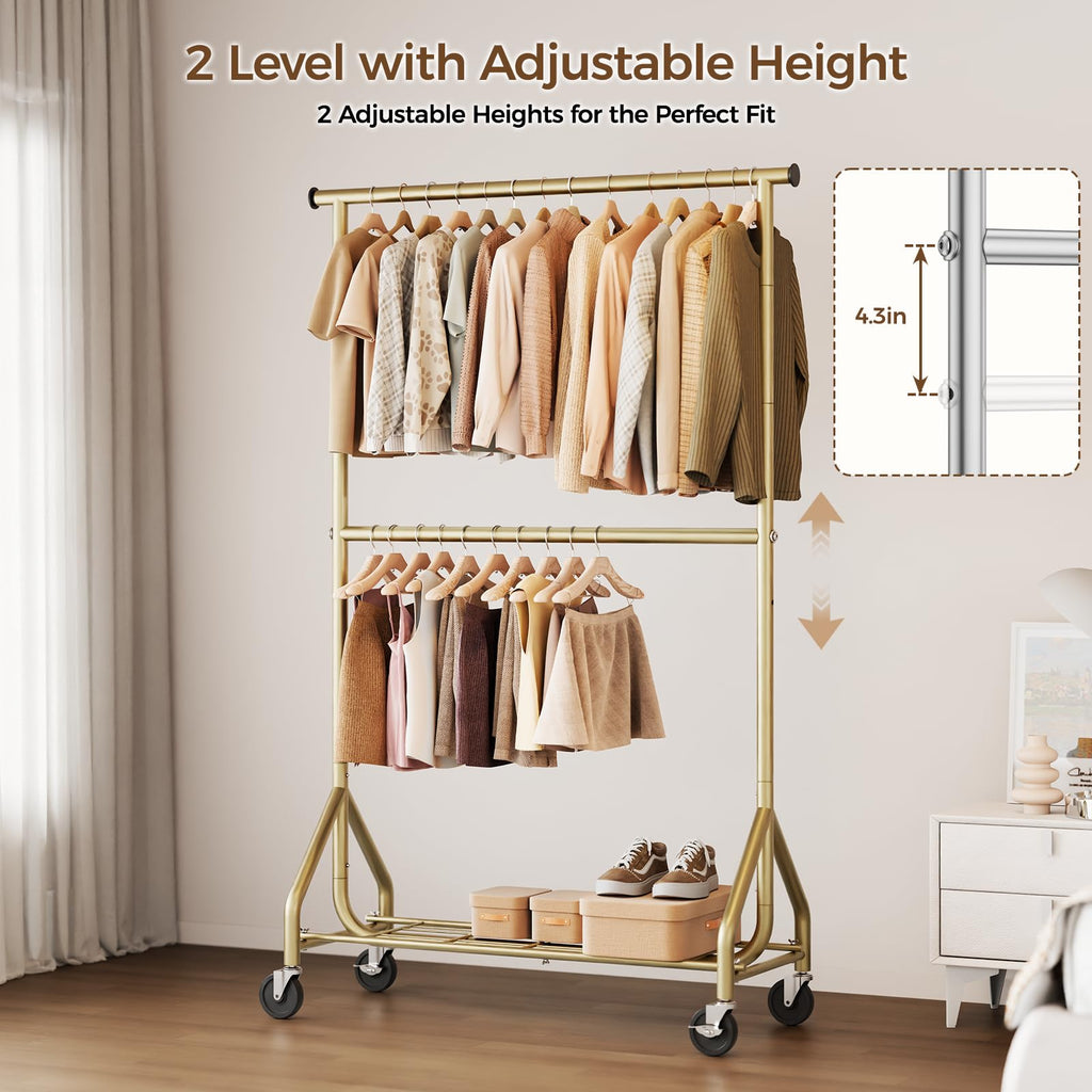 Heavy Duty Clothes Rack, Double Rod Clothing Rack for Hanging Clothes, Rolling Garment Rack, Adjustable Freestanding