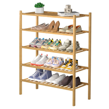 5 Tier Bamboo Shoe Rack for Closet Free Standing Wood Shoe Shelf Small Space Stackable 27"x11"x33" (Natural)