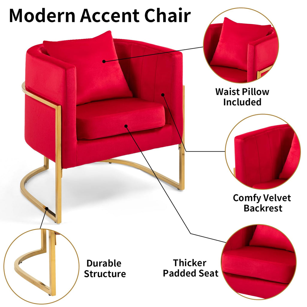 Velvet Accent Chair, Mid Century Modern Upholstered Barrel Armchair, Comfy Single Vanity Chair with Metal Gold Legs