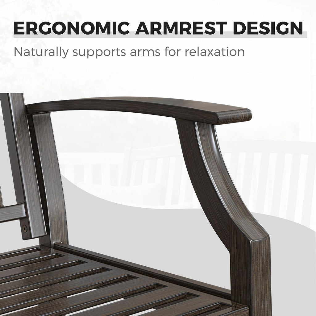 52" Farmhouse Outdoor Bench, Garden Benches with Anti-Rust Aluminum Powder Coated Frame, Faux Wood Grain Finish Frame