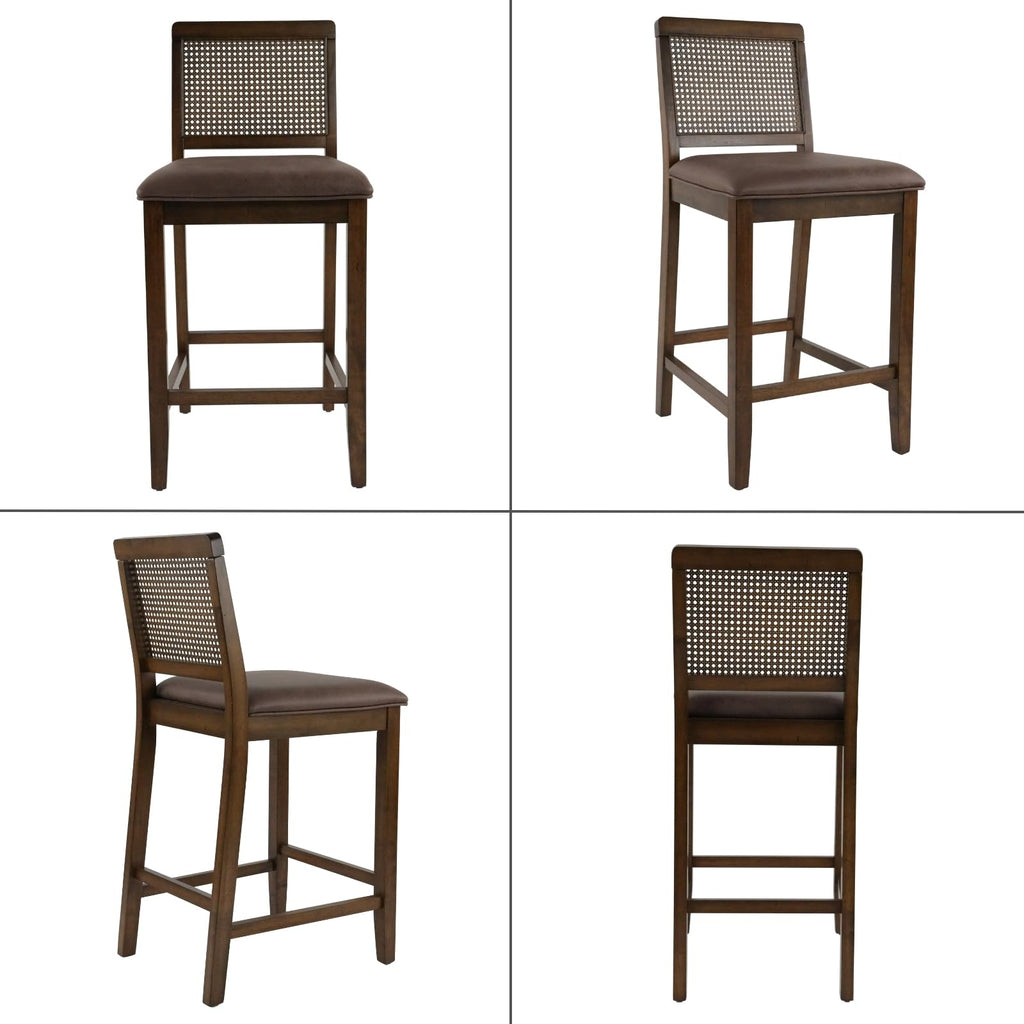 26" Rattan Bar Stools Set of 6, Farmhouse Faux Leather Upholstered Counter Height Stools with Cane Woven Back