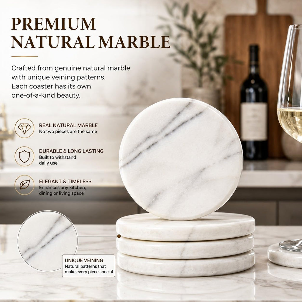 Genuine Marble Drink Coasters, 4-Inch Round Heat-Resistant Stone Coasters with Non-Slip EVA Backing - Set of 4