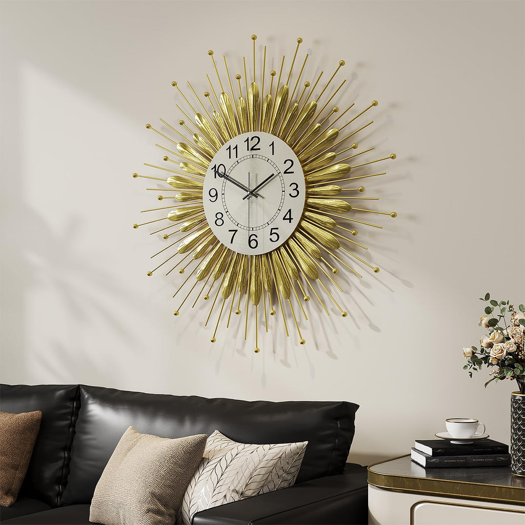 24 Inch Gold Wall Clock Mid Century Sunburst Metal Decorative Clock