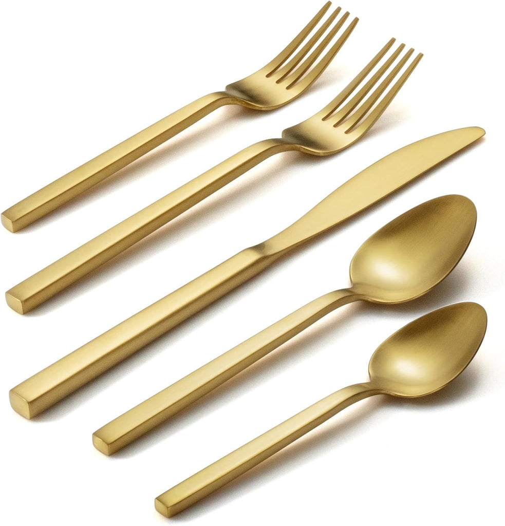 Cube Gold 20-Piece Flatware Set, Forged Cutlery Set, Matte Gold Silverware Service for 4