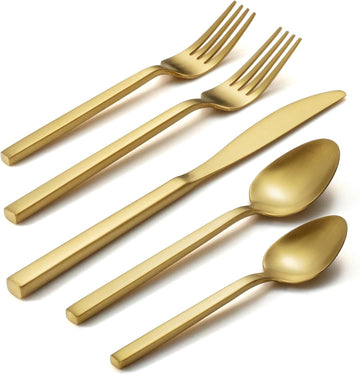 Cube Gold 20-Piece Flatware Set, Forged Cutlery Set, Matte Gold Silverware Service for 4