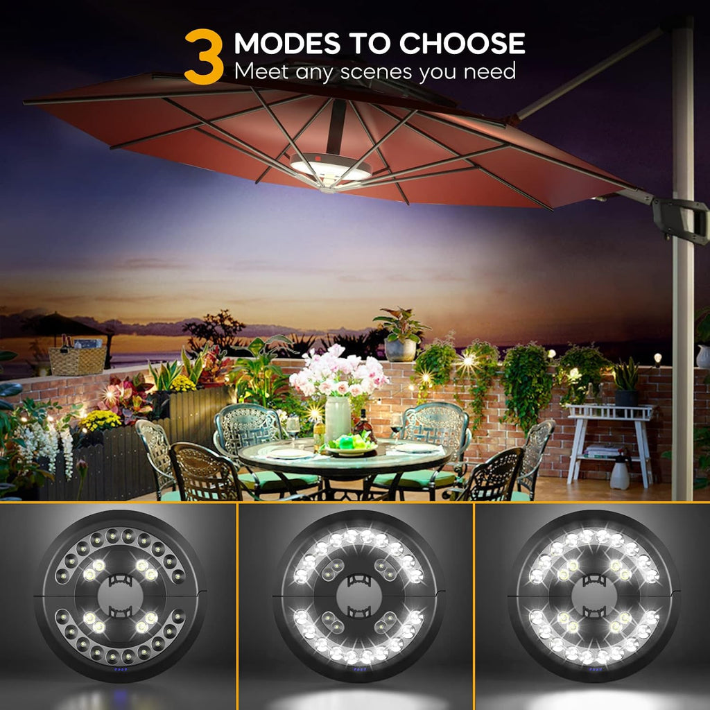 2pcs Rechargeable Patio Umbrella Lights Outdoor Decor | 28 White LED 3 Lighting Modes Table 1.25-1.9inch Pole Light