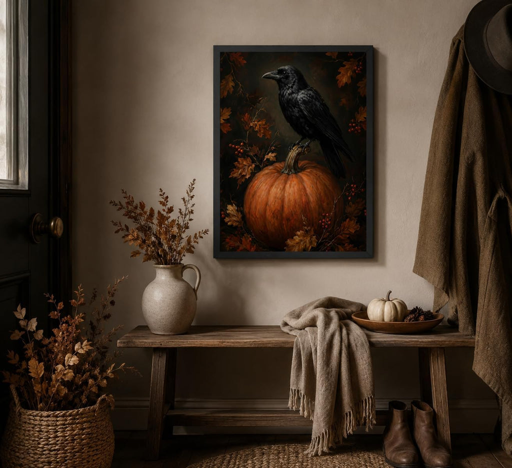 Framed Gothic Raven on Pumpkin Canvas Wall Art,Vintage Autumn Crow Painting,Dark Academia Print,Spooky Fall Wall