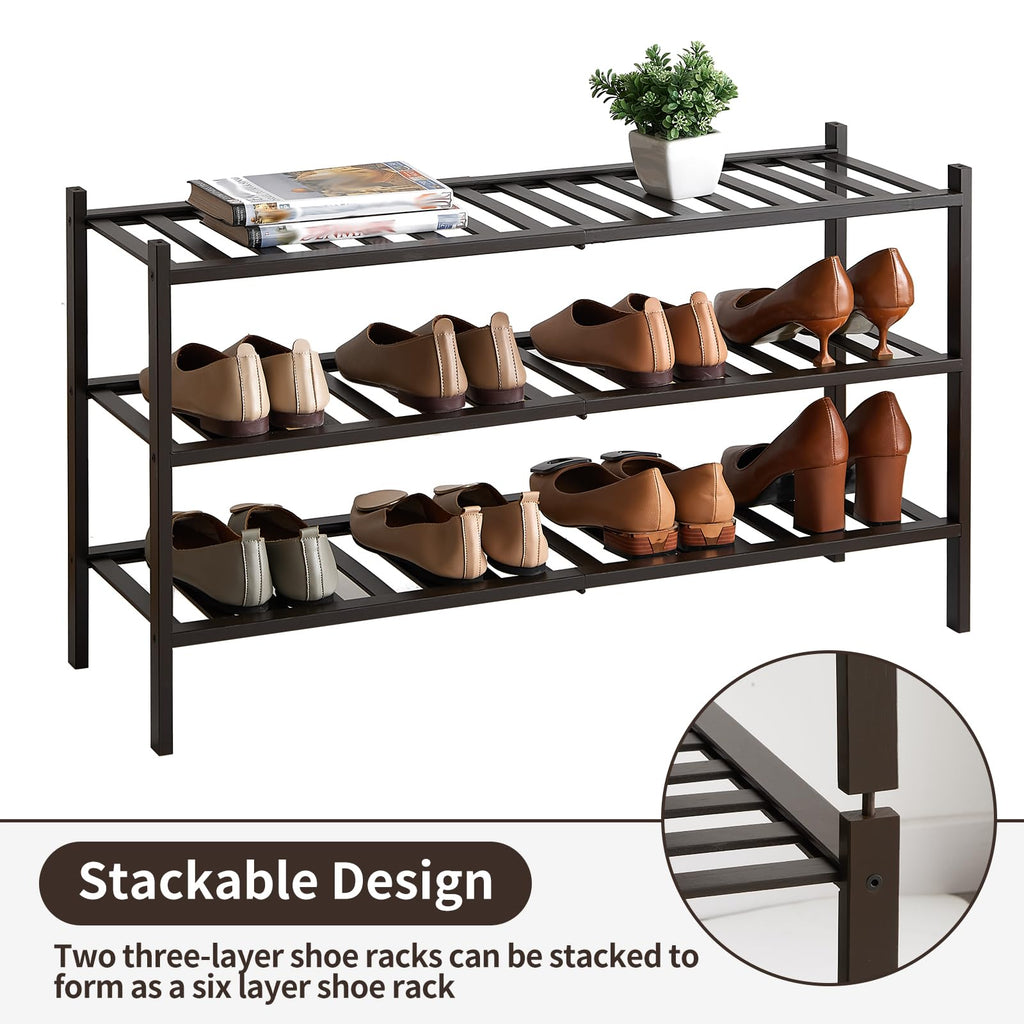 Long Shoe Rack, Bamboo Stackable Shoe Shelf Storage Organizer, Shoe Stand for Closet, Entryway and Hallway (Brown