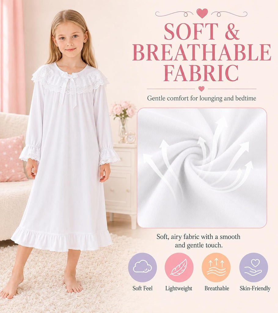 Girls Nightgowns Lace Long Sleeve Princess Pajamas Dress