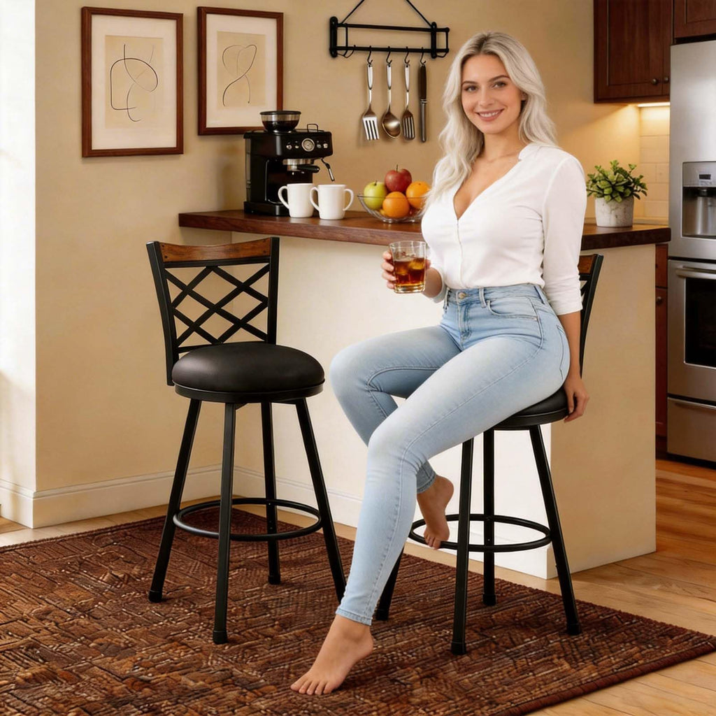 Swivel Bar Chairs Set of 4, (2-in-1) 25"/30" Adjustable Counter & Bar Stools with Backs, Black PU Seat, Industrial