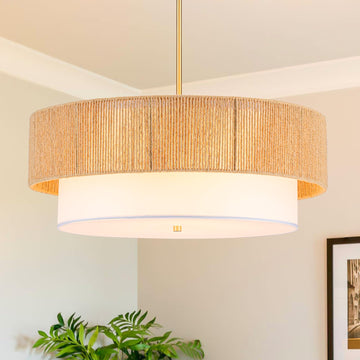 24'' Farmhouse Rattan Chandeliers, 5-Light Boho Light Fixtures Rattan Pendant Light Fixture with Fabric Shade Drum