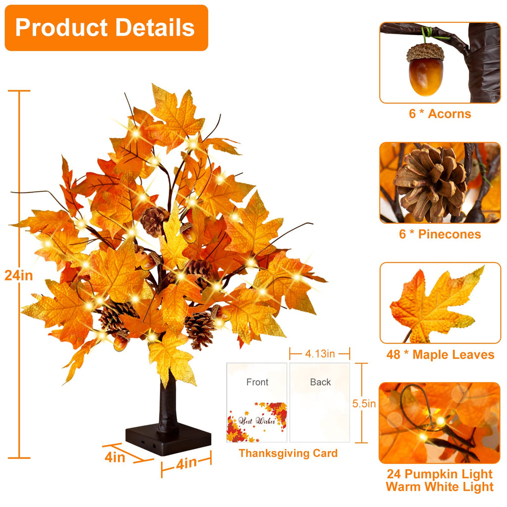 2 Pcs 24 Inch Artificial Fall Tree Lighted Maple Tree Battery USB Operated w/Timer, 24 LED Thanksgiving Decorations