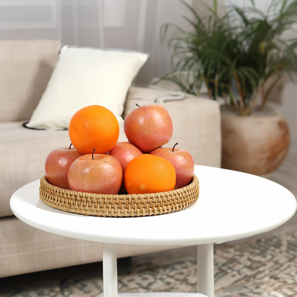 Set of 3 Rattan Tray with Mother of Pearl Inlay, Round Serving Trays for Coffee Table, Decorative Wicker Woven