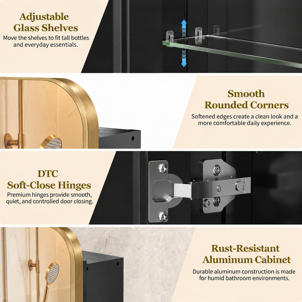 20x26 Inch Brushed Gold Medicine Cabinet with Mirror, Aluminum Recessed or Surface Mount, 4 Stepless Glass Shelves