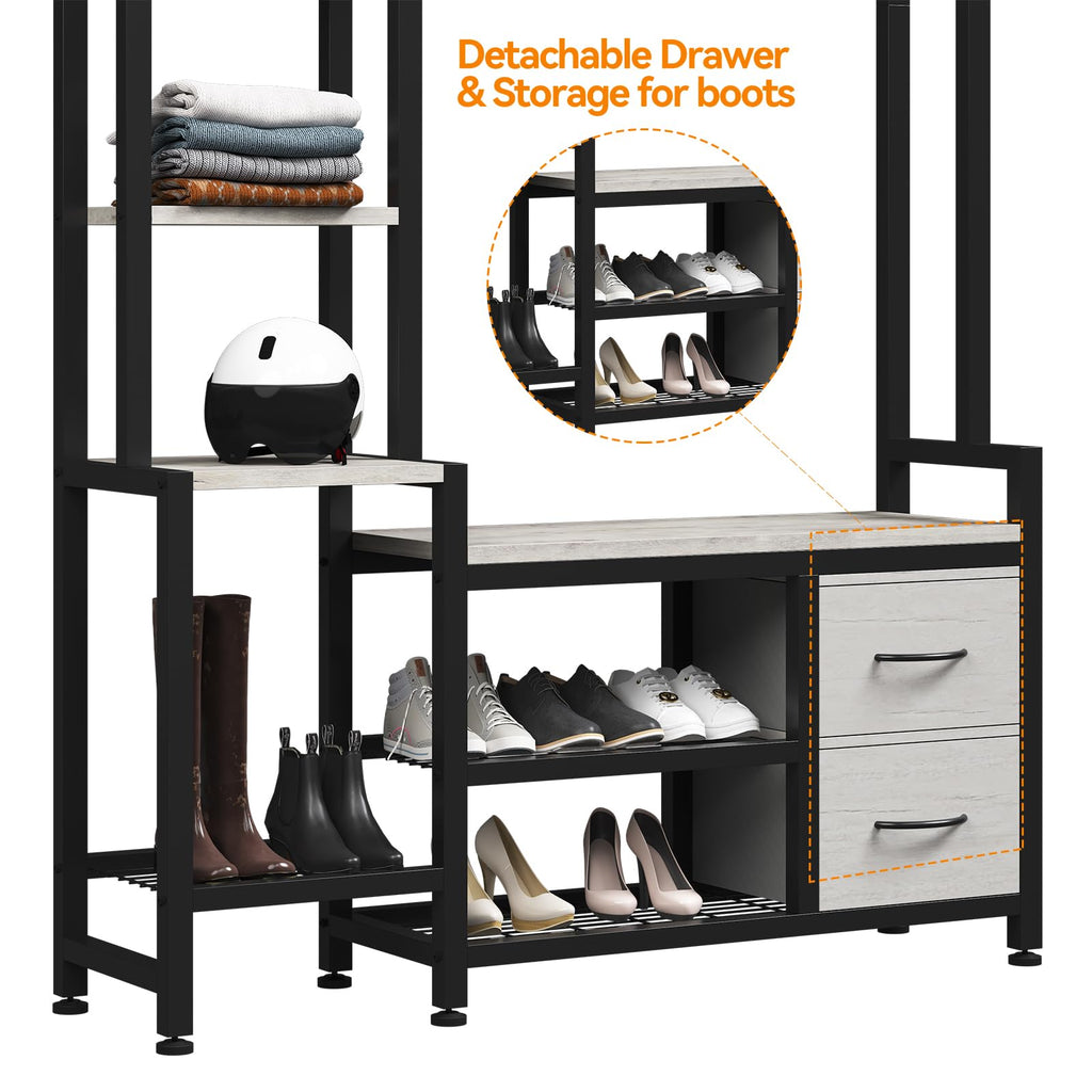 Hall Tree 43", Bench with Shoe Storage, Large Coat Rack Shoe Bench with 5 Tier Shelves, 5 in 1 Design Front Door Shoe