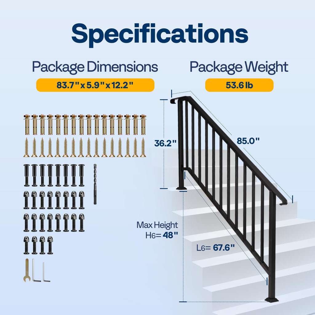 6-Step Hand Rails for Outdoor Steps with Curved Ends and Balusters