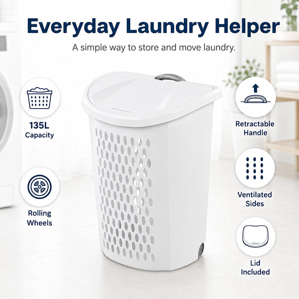 White Wheeled Plastic Laundry Hamper - Adult-Sized Rolling Basket