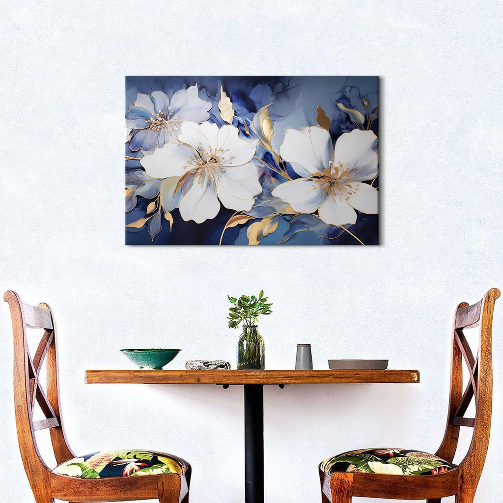 Abstract Flower Canvas Wall Art Blue and Gold Wall Decor Modern Marble Floral Picture Canvas Prints Bedroom