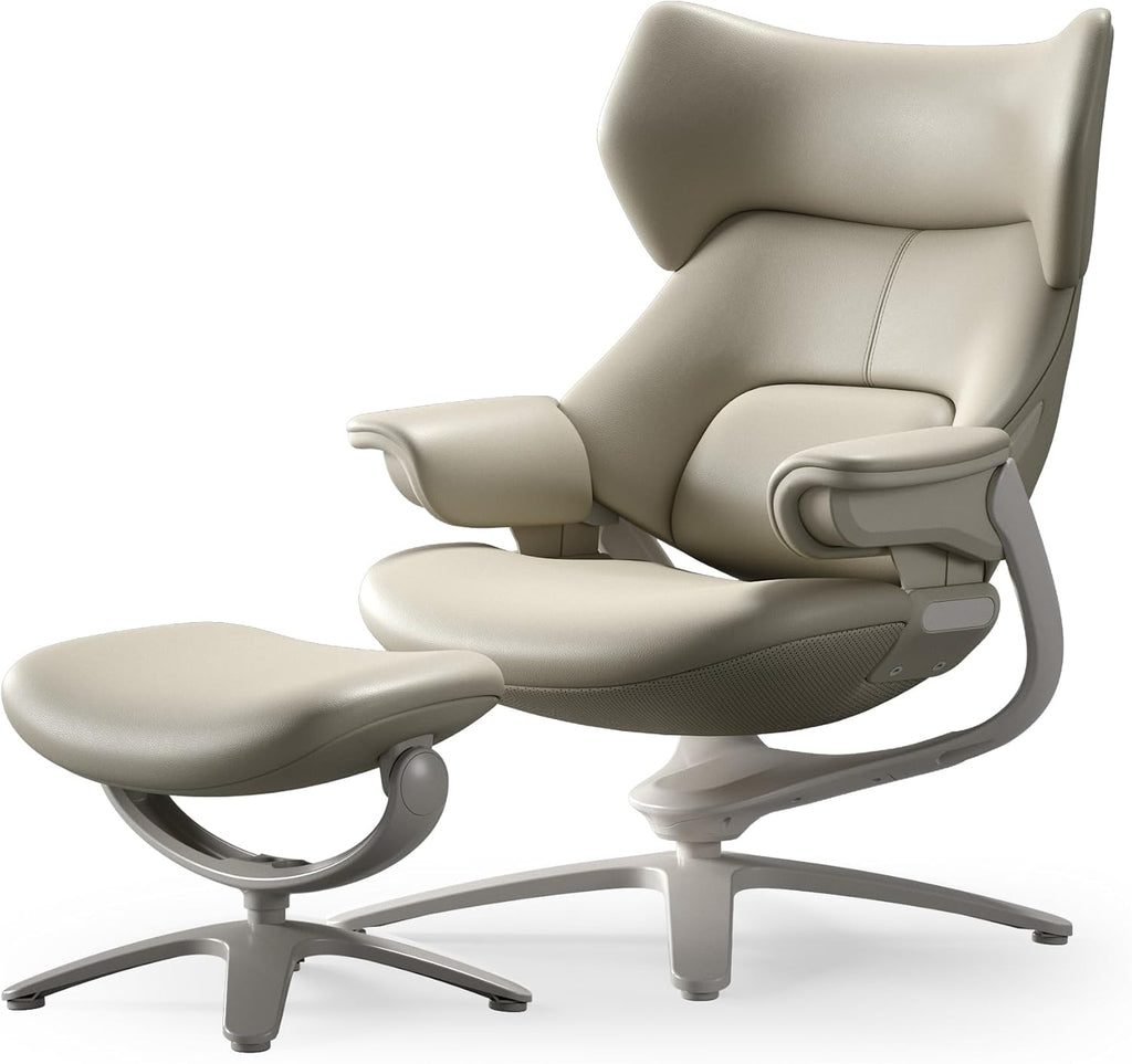 Modern Reclining Swivel Lounge Chair and Ottoman — White Genuine Leather